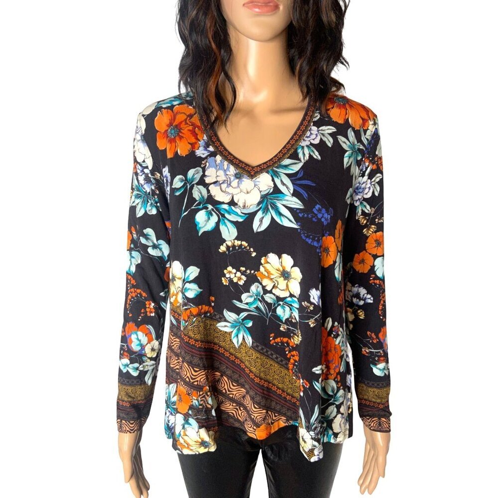 Johnny Was Golden Spring Favorite Floral V Neck Swing Top Black Size XS
